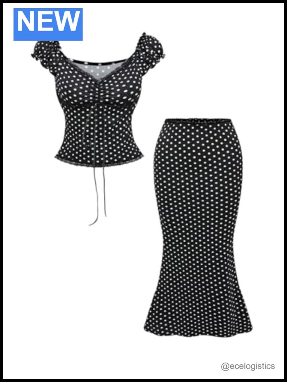 Polka Dots 2 Piece Skirt Set Cap Sleeve Lace Ruched Top Fishtail Skirts